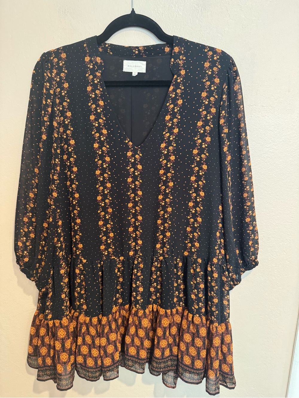 Boho Flirty Black Tunic/Mini Dress with Orange Floral Accent and Ruffled Hem